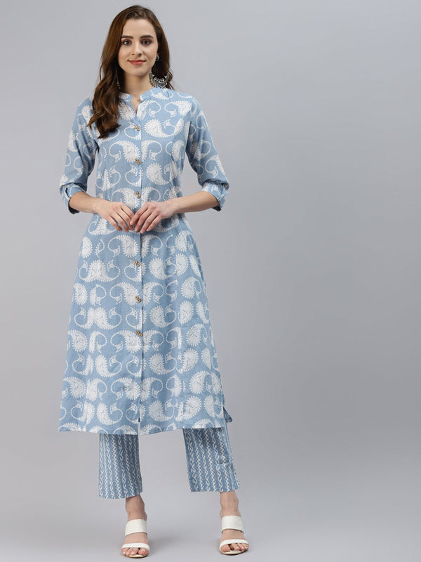 Women's Skyblue Block Print Cotton A-Line Kurta With Pant Set - Wahenoor