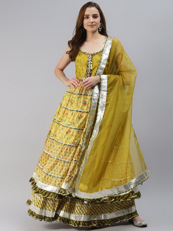 Women's Yellow Cotton Sleeves Less Anarkali Skirt Set With Dupatta - Wahenoor