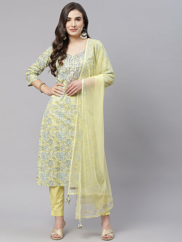 Women's Yellow Cotton Straight Kurta Pant Set With Dupatta - Wahenoor