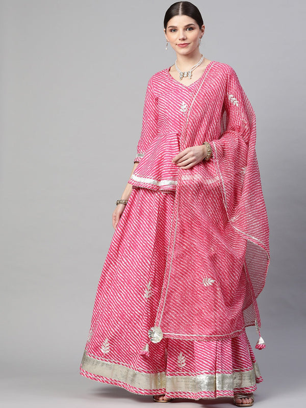 Women's Pink Lehriya Lehenga Dupatta Set - Wahenoor