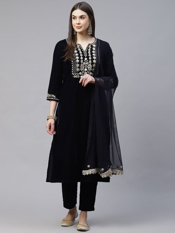 Jashvi Royal Navy Blue Velvet Zardozi work Embroidered Kurta Pant With Net Dupatta set