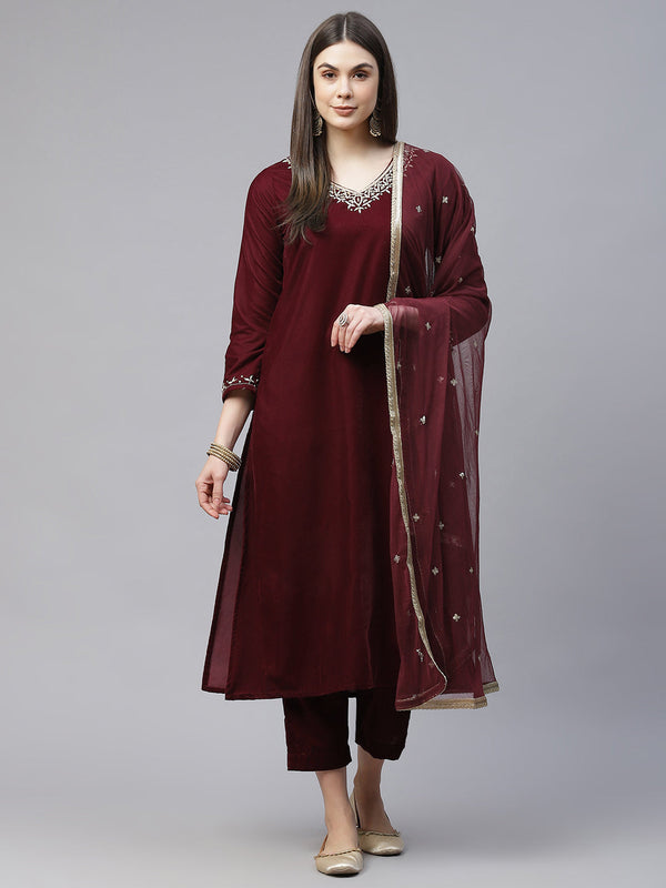 Jashvi Maroon Velvet hand work Kurta pant With Net Dupatta set