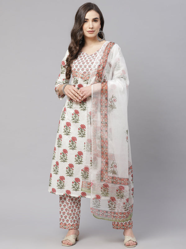 Women's White Floral Kurta Pant Set With Dupatta - Wahenoor