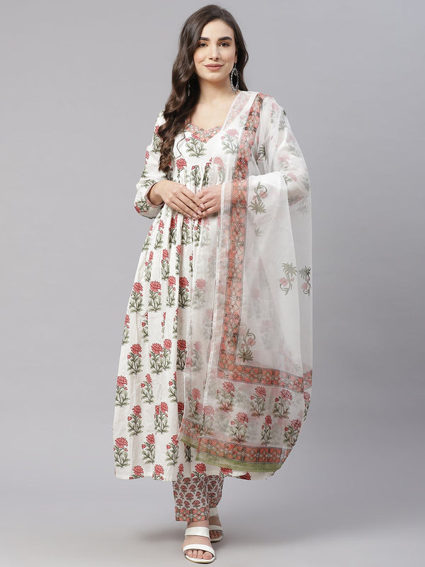 Women's White Floral Anarkali Kurta Pant Set With Dupatta - Wahenoor