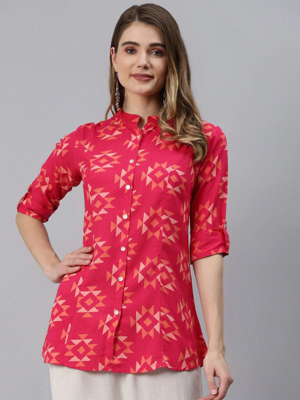 Women's Pink Geometric Print Rayon Shirt Style Top - Taantav