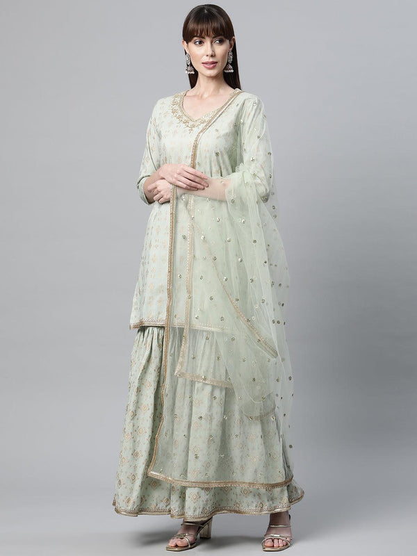 Women's Sea Green Golden Printed Kurta Sharara set with Dupatta - Taantav