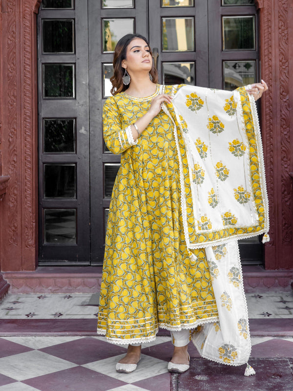 Women's Mustard Cotton Anarkali Kurta Pant Set With Dupatta - Taantav