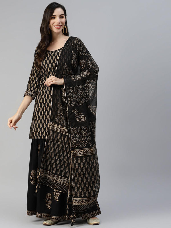 Women's Black Gold Printed Cotton Kurta Sharara Set with Dupatta - Taantav