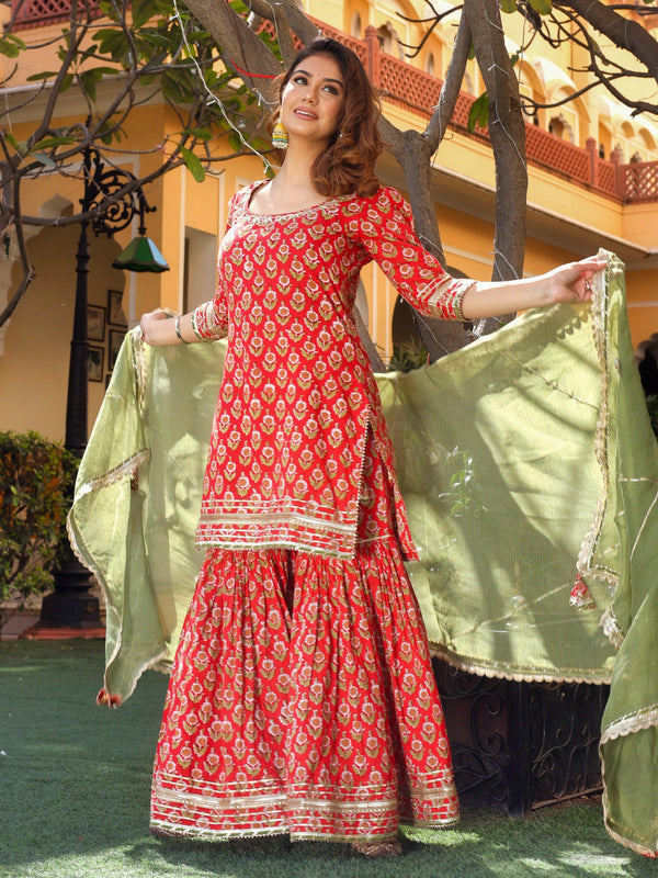 Jashvi Red Cotton Dabu Printed Kurta Sharara Set with Kota Doria Dupatta