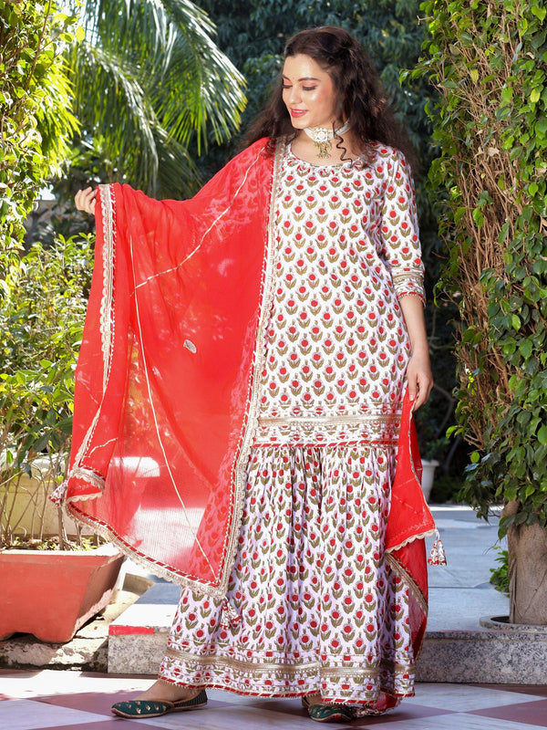 Women's Red & White Cotton Dabu Printed Kurta Sharara Set with Kota Doria Dupatta - Taantav