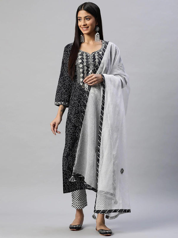 Women's Black and White Cotton Kurta Pant Set With Dupatta - Taantav