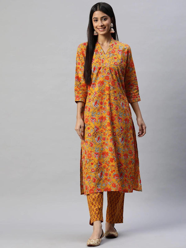 Women's Mustard Cotton Floral Printed Kurta Pant Set - Taantav