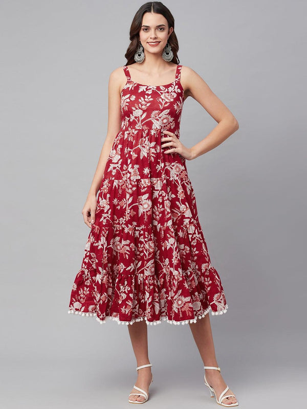 Jashvi Red Floral Printed Shoulder Strap Long dress