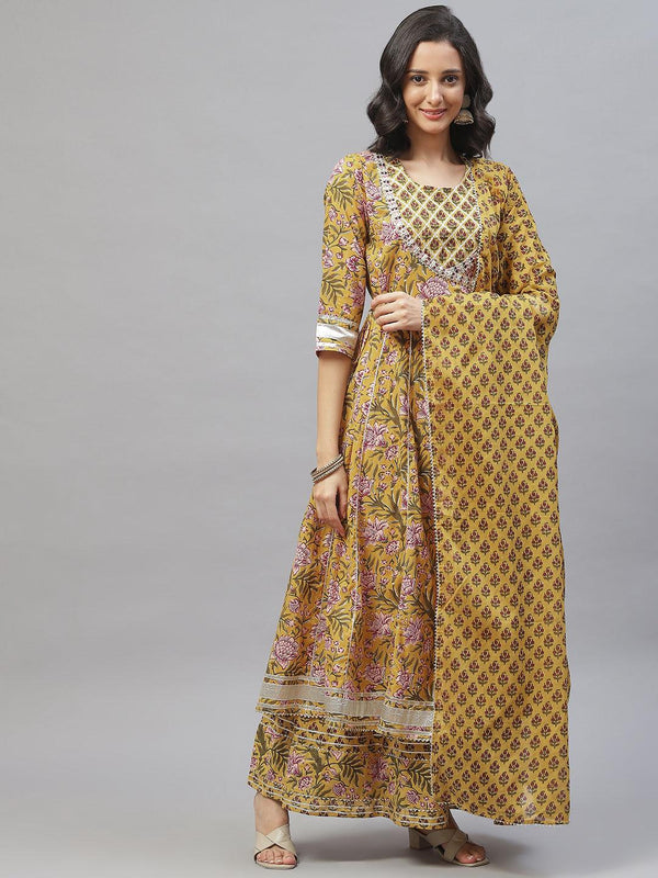 Women's Mustard Cotton Anarkali Kurta Palazzo Set With Dupatta - Taantav