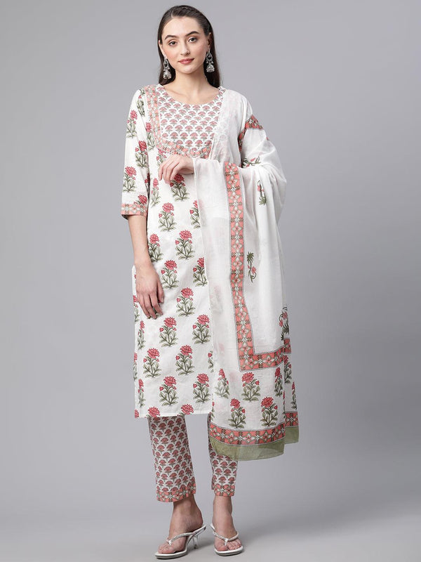 Jashvi White Floral Kurta pant set with Mulmul Dupatta