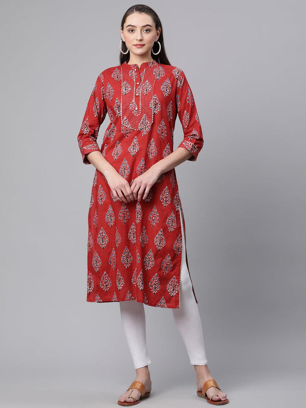 Jashvi Red Cotton Straight Kurta