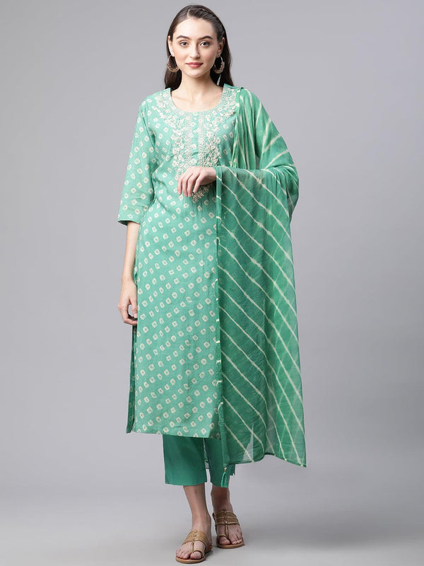 Jashvi Green Chanderi Kurta Cotton pant set With Chiffon leheriya Dupatta