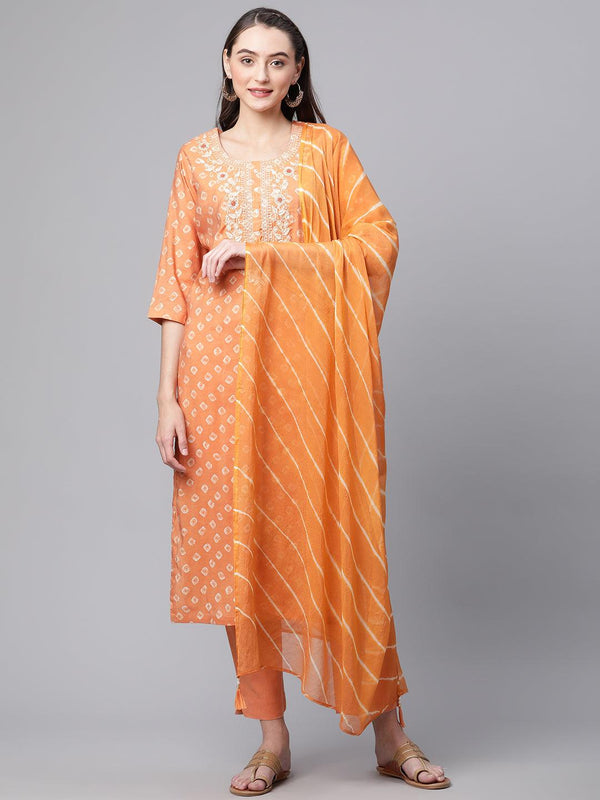 Jashvi Orange Chanderi Kurta Cotton pant set With Chiffon leheriya Dupatta