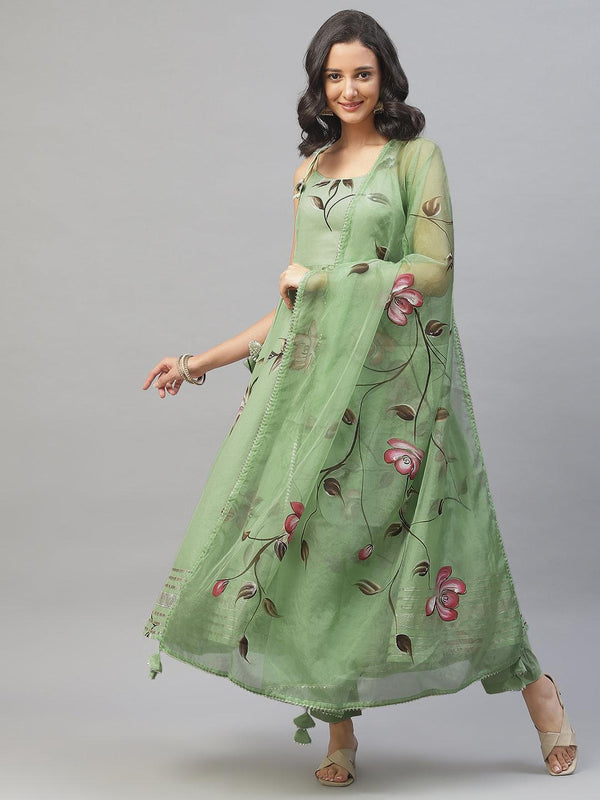 Women's Light Green Hand Painted Floral Anarkali Kurta Pant Set with Dupatta - Taantav