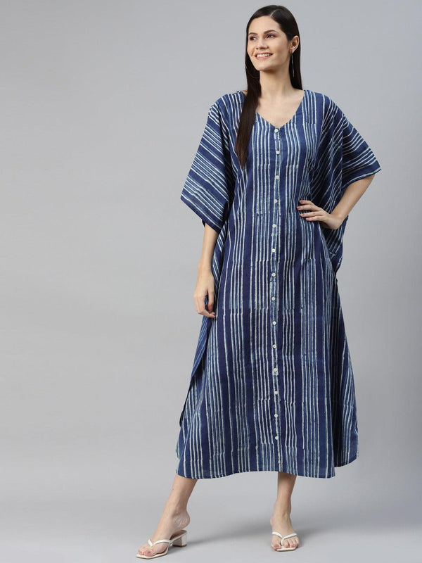 Women's Blue Hand Block Printed Striped Kaftan Dress - Taantav