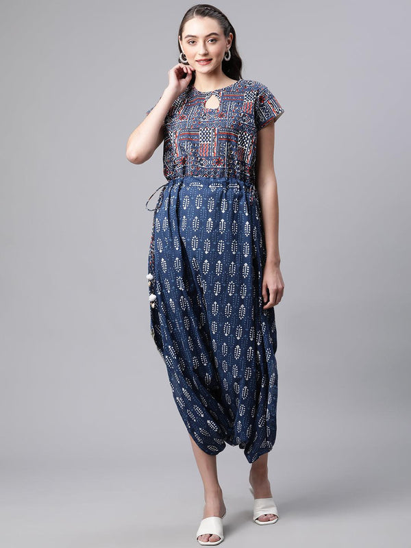 Women's Indigo Hand Block Dhoti Style Cotton Jumpsuit - Taantav