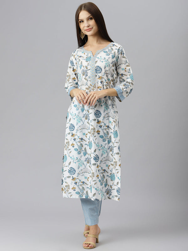 Women's White Floral Printed Pure Cotton Kurta with Trousers - Taantav