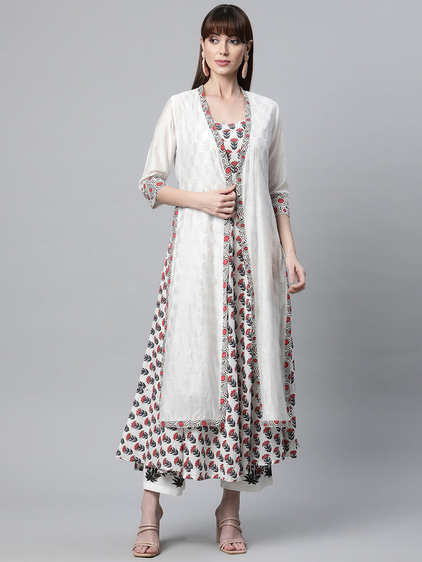 Women's White Floral Kurta Pant Set with Chanderi Shrug - Taantav