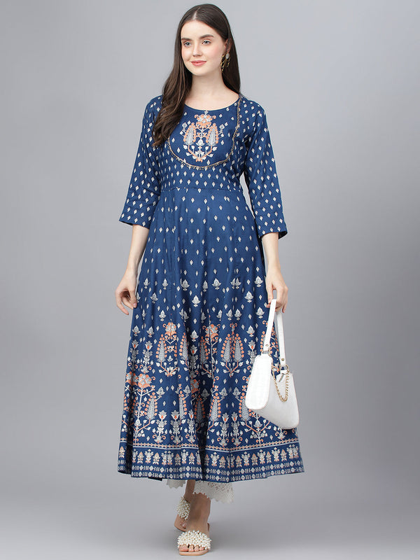 Women's Indigo Ethnic Motif Rayon Anarkali Kurta - Taantav