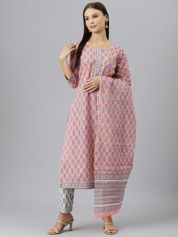 Women's Pink Printed Gotta Patti Pure Cotton Kurta with Trousers & Dupatta - Taantav