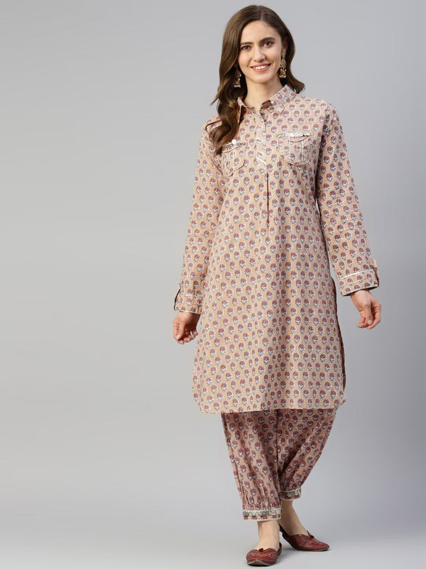 Women's Beige Cotton Shirt Style Kurta Hem Cuffed Pant Co-ord Set - Taantav