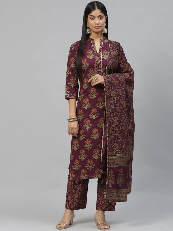 Women's Purple Cotton Straight Kurta Pant Set with Dupatta - Taantav