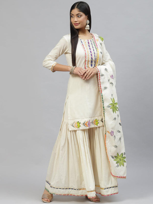 Women's Cream Solid Kurta Sharara Set with Hand Painted Dupatta - Taantav