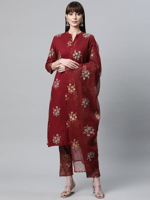 Women's Maroon Rayon Kurta Pant Set with kota doria Dupatta - Taantav