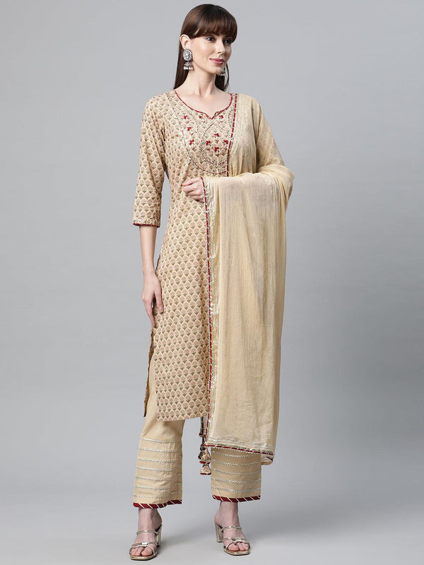 Women's Beige Color Cotton Straight Kurta Pant Set with Dupatta - Taantav