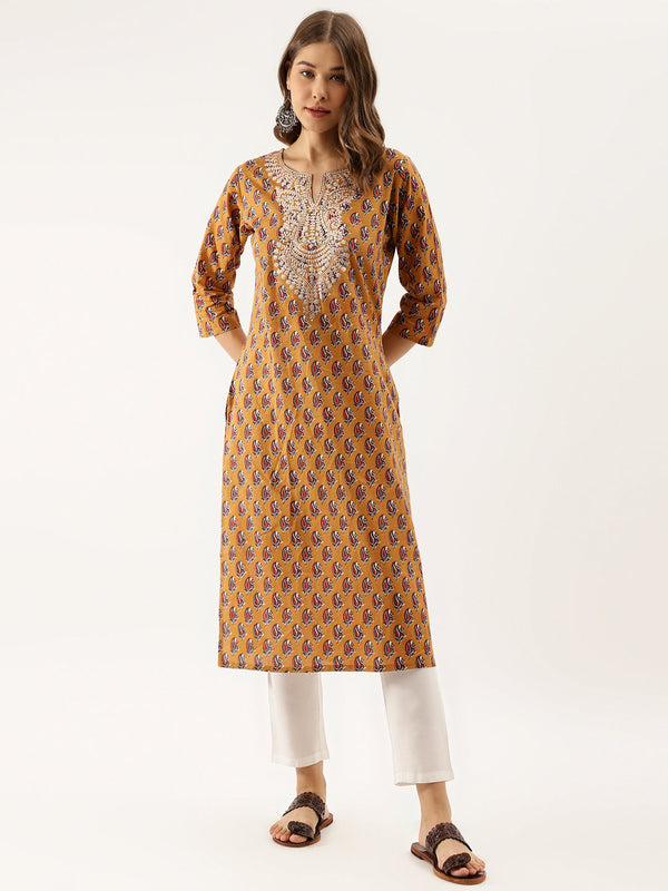 Women's Brown Floral Printed Cotton Zari Work Kurta - Noz2Toz