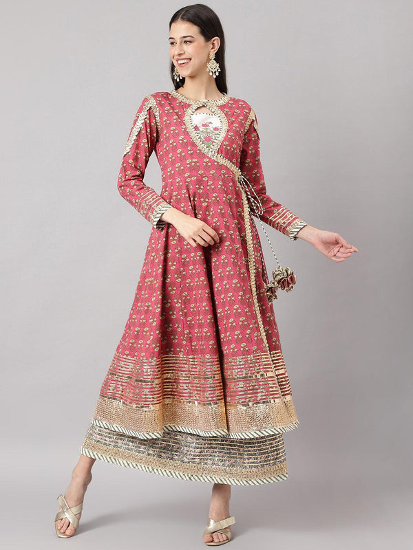 Women's Dark Pink Floral Cotton Anarkali Kurta with Jacket - Taantav