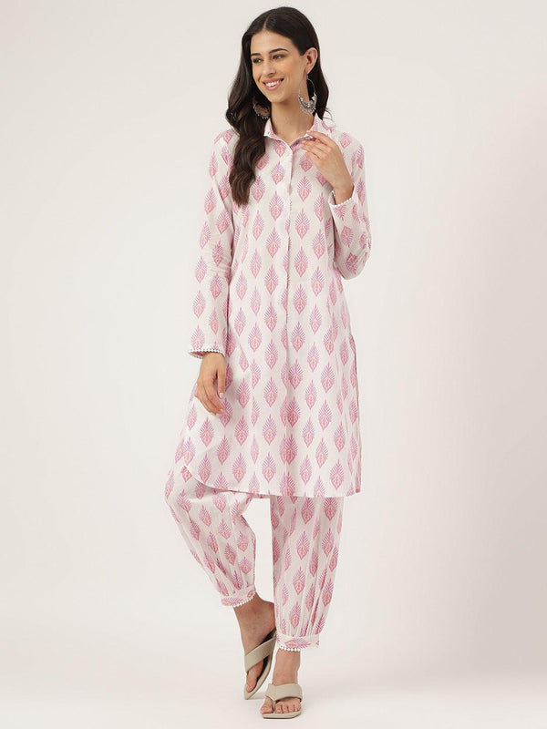 Women's White Cotton Straight Kurta Hem Cuffed Pant set - Taantav