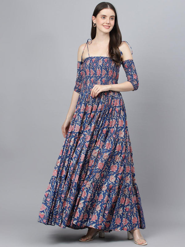 Women's Blue Floral Printed Shoulder Strips Flared Long Dress - Taantav