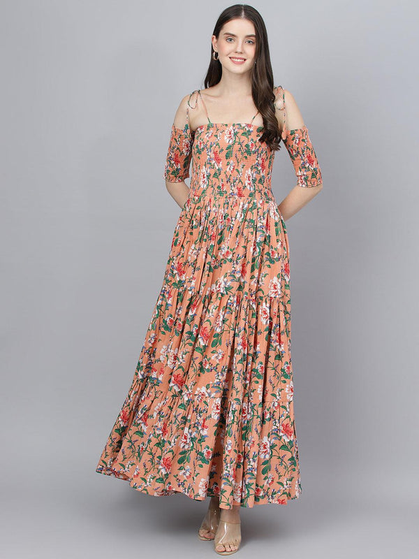 Women's Peach Floral Printed Shoulder Strips Flared Long Dress - Taantav