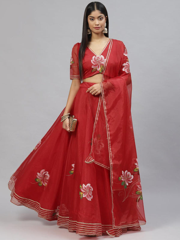 Jashvi Red Hand Painted Organza Flared Lehenga Choli Set with Organza Dupatta