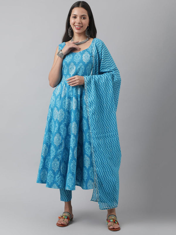 Women's Turquoise Blue Floral Cotton Anarkali Kurta Pant Set with Dupatta - Taantav