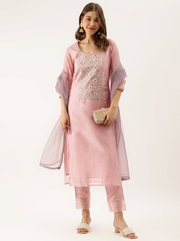 Women's Pink Embroidered Chanderi Kurta With Trouser & Organza Dupatta - Noz2Toz