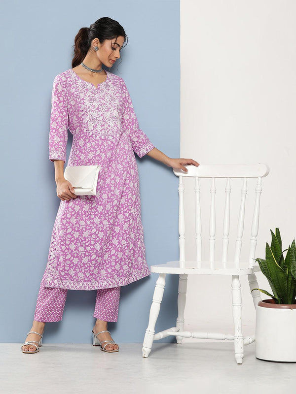 Women's Purple Gathered Floral Printed Kurta Pant Sets - Taantav