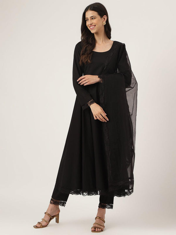 Women's Black Solid Anarkali Kurta Pant set with Dupatta - Taantav