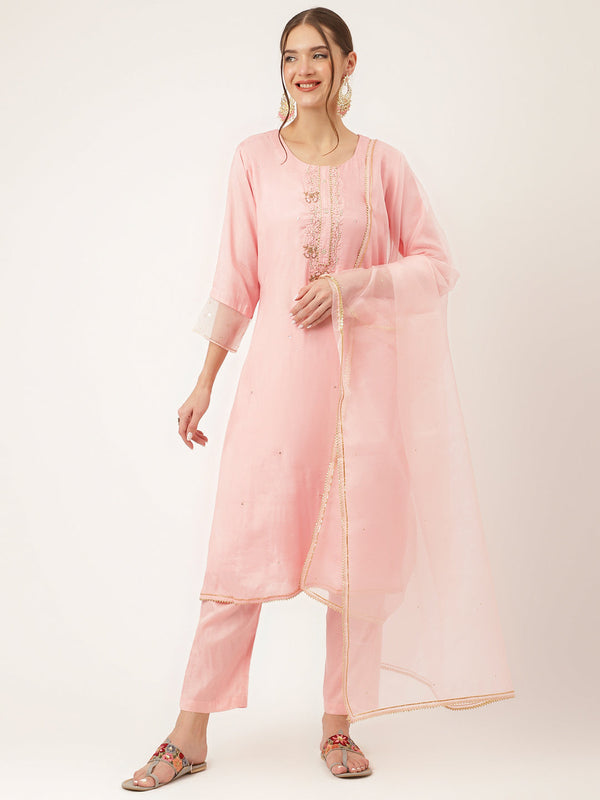 Women's Baby Pink Embroidered Chanderi Kurta, Trouser With Dupatta - Taantav