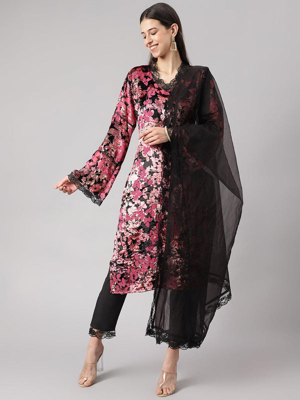 Women's Pink Burn out Velvet Kurta Harem Pant with Organza Dupatta - Taantav