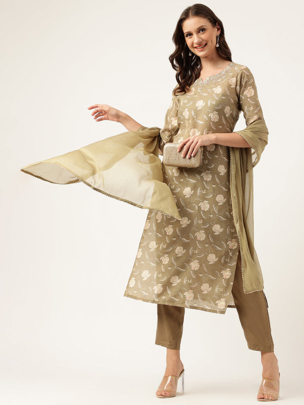 Women's Olive Embroidered Cotton Kurta Trouser with Dupatta Set - Taantav