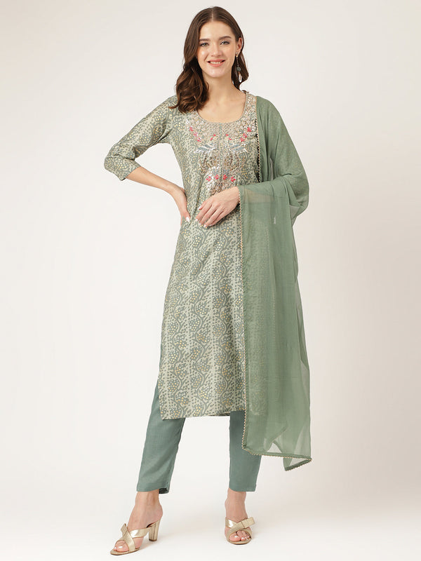 Women's Green Floral Print Chanderi Kurta, Trouser With Dupatta - Taantav