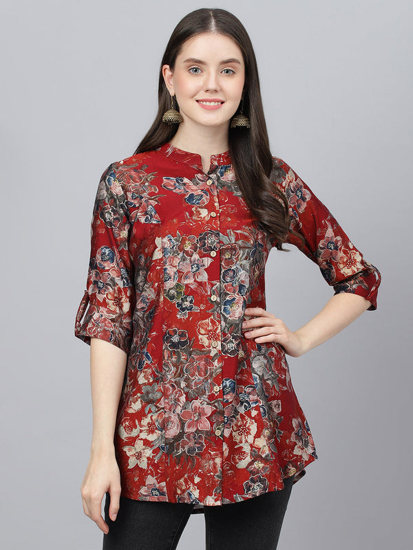 Women's Maroon Floral Printed Modal A-Line Shirts Style Top - Taantav