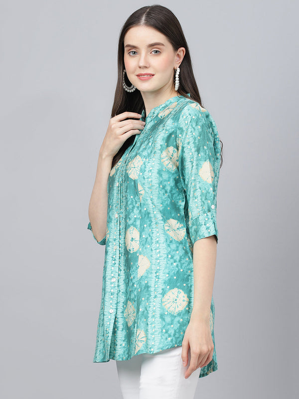 Women's Sea green Abstract Printed Modal A-Line Shirts Style Top - Taantav